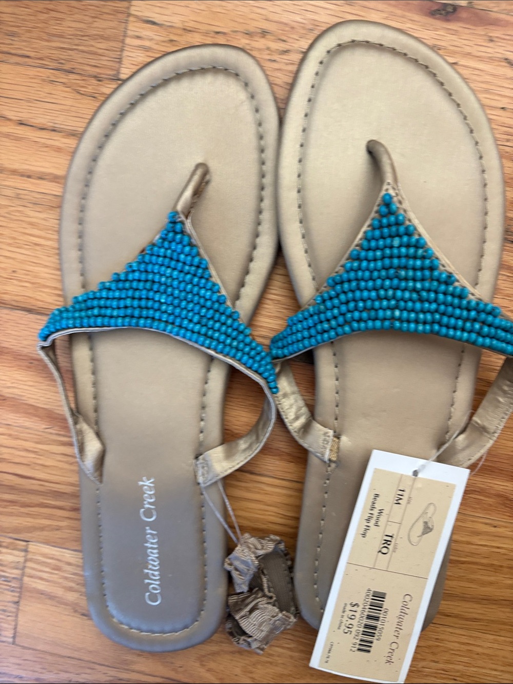 Coldwater Creek Teal Beaded Thong Sandals with Tan Footbed